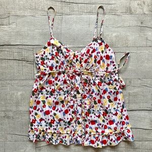 Forever 21 Y2K 90s 00s Beige Ditsy Floral Smocked Spaghetti Strap Tunic Top MED